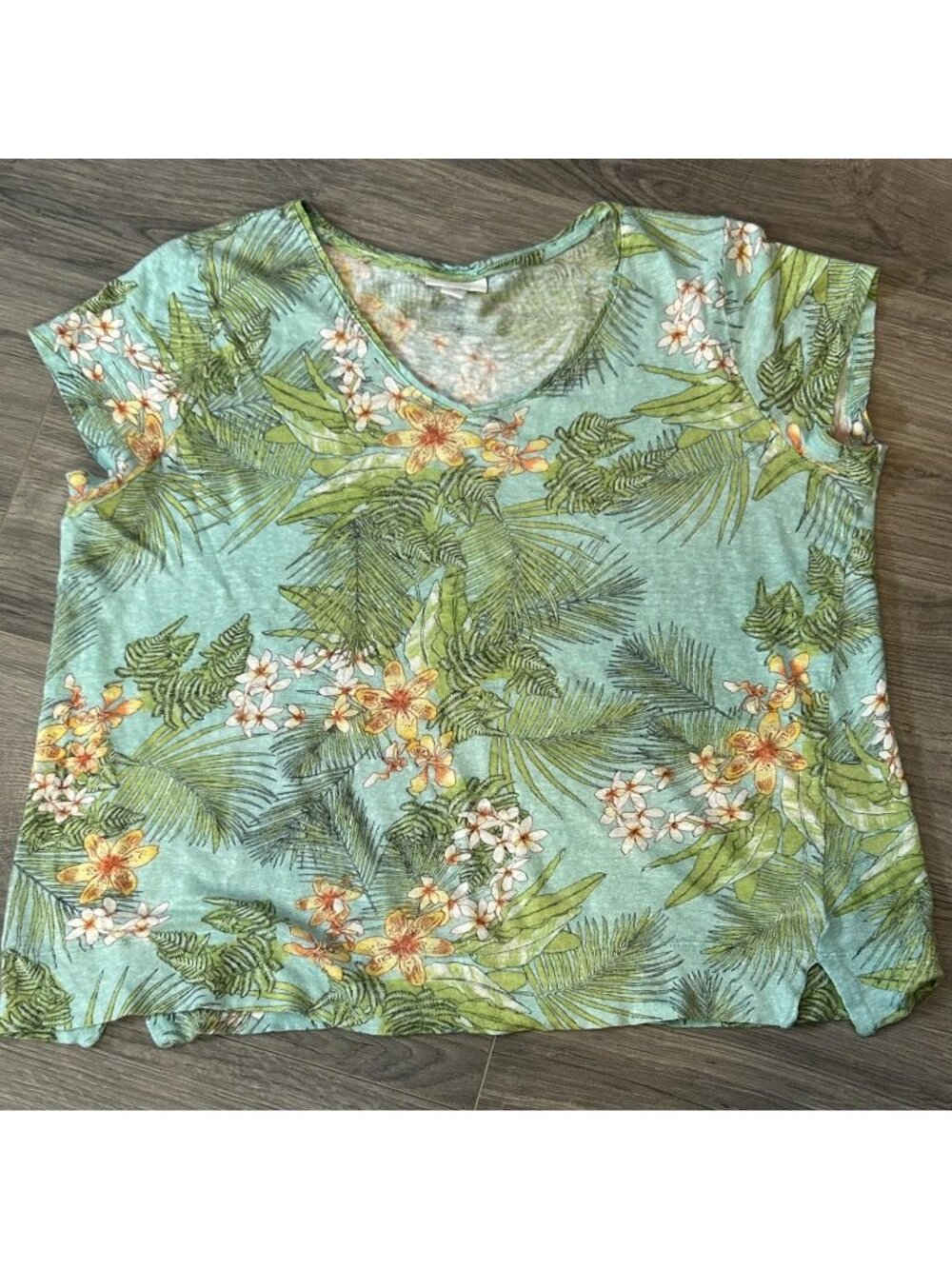 J Jill Love Linen Shirt Womens L Green Tropical Floral Scoop Neck Tee Summer